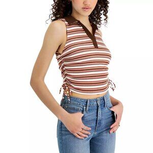 Just Polly Juniors' Ruched Polo Tank Top Brown Stripe B4HP